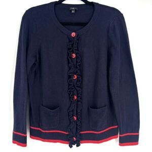 Talbots Super Cute Sailor Nautical Ruffle Cardigan Sweater Red Blue Petite Large
